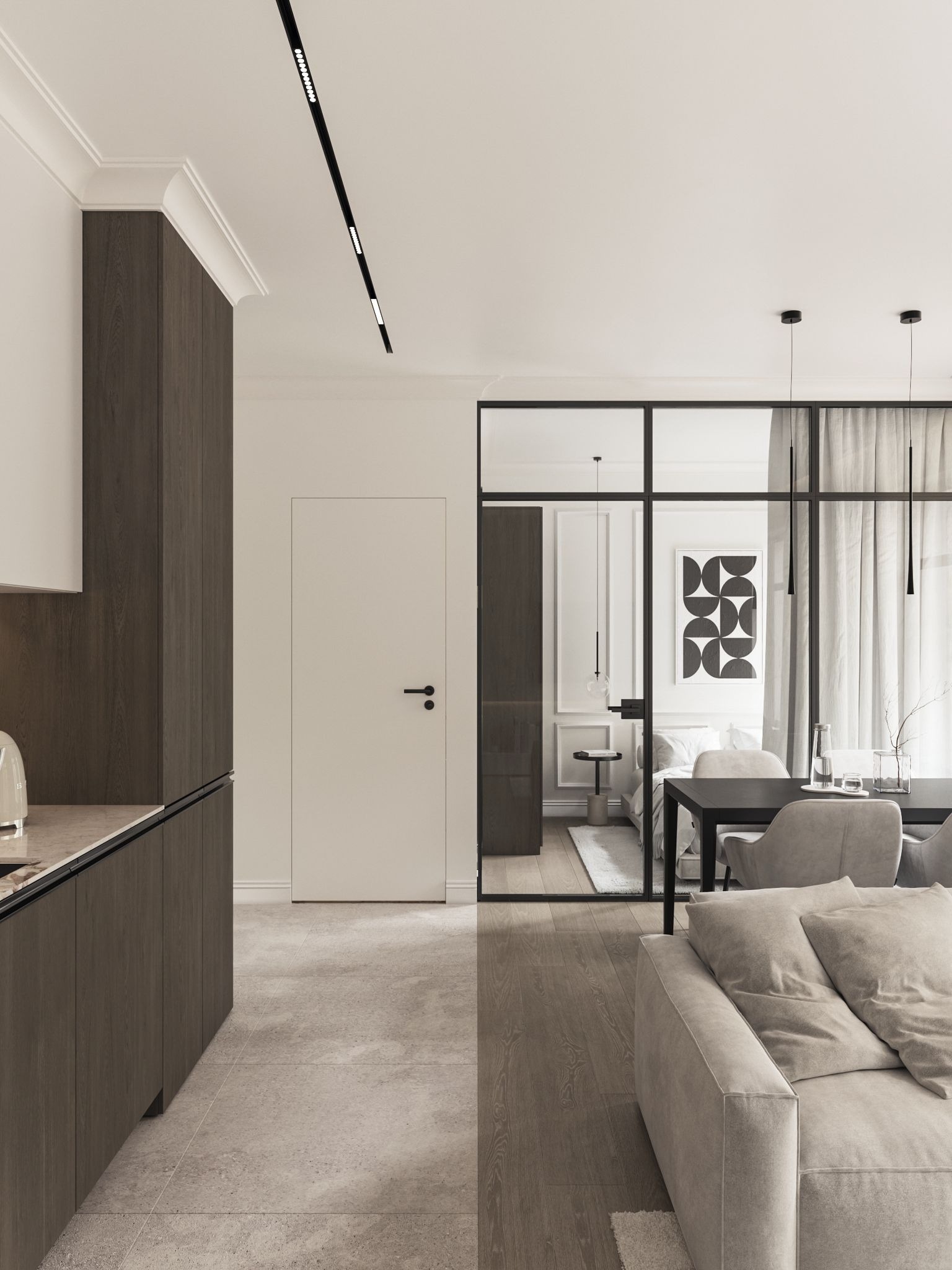 Nowoczesne wnętrze: minimalistyczna kuchnia z drewnianymi frontami, szklana ściana oddzielająca sypialnię, szara sofa i stół z krzesłami. Stonowana kolorystyka, eleganckie oświetlenie.