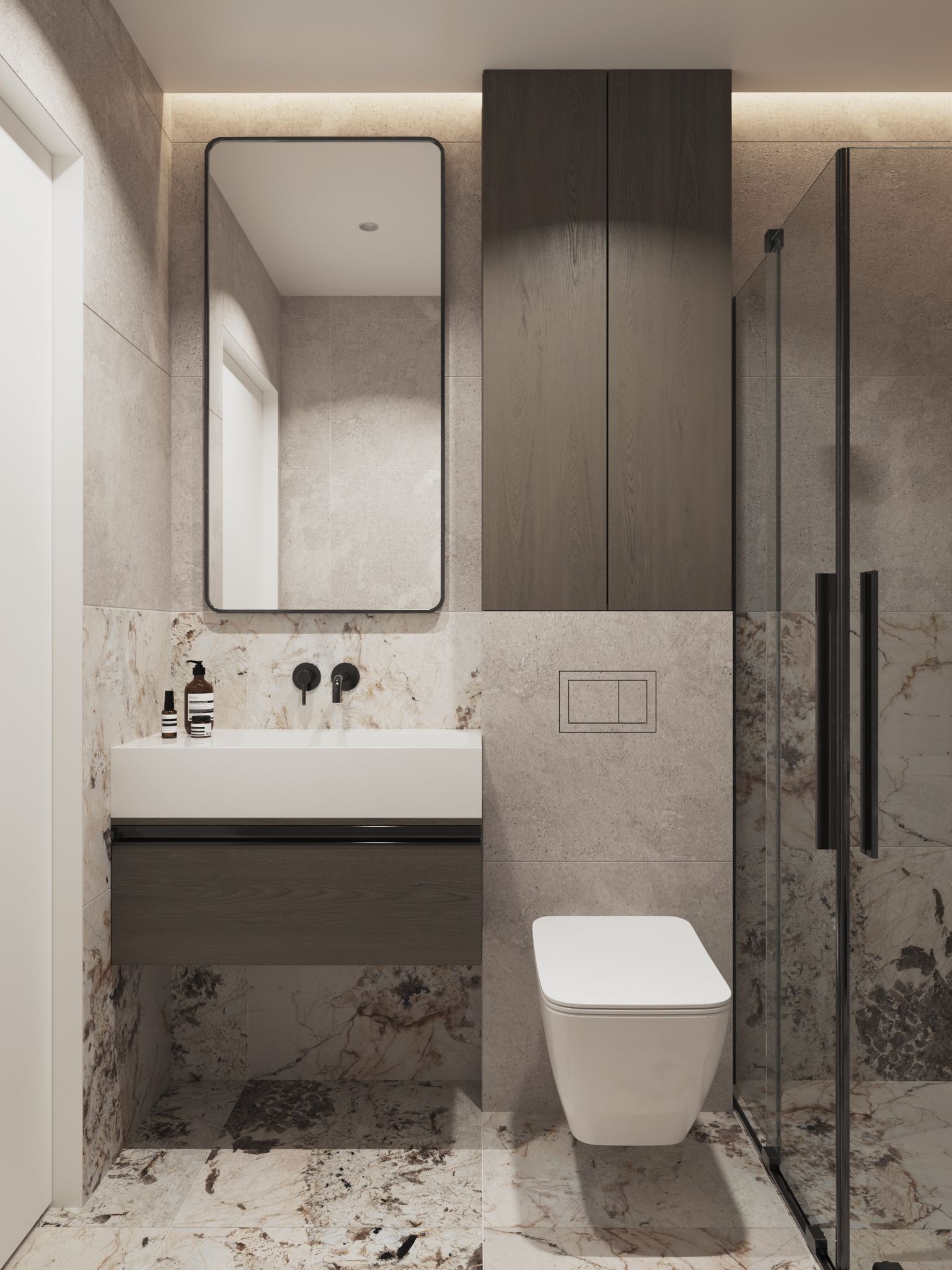 Nowoczesna łazienka z marmurowymi akcentami: minimalistyczna umywalka z szafką, podwieszana toaleta i kabina prysznicowa z czarnymi detalami.