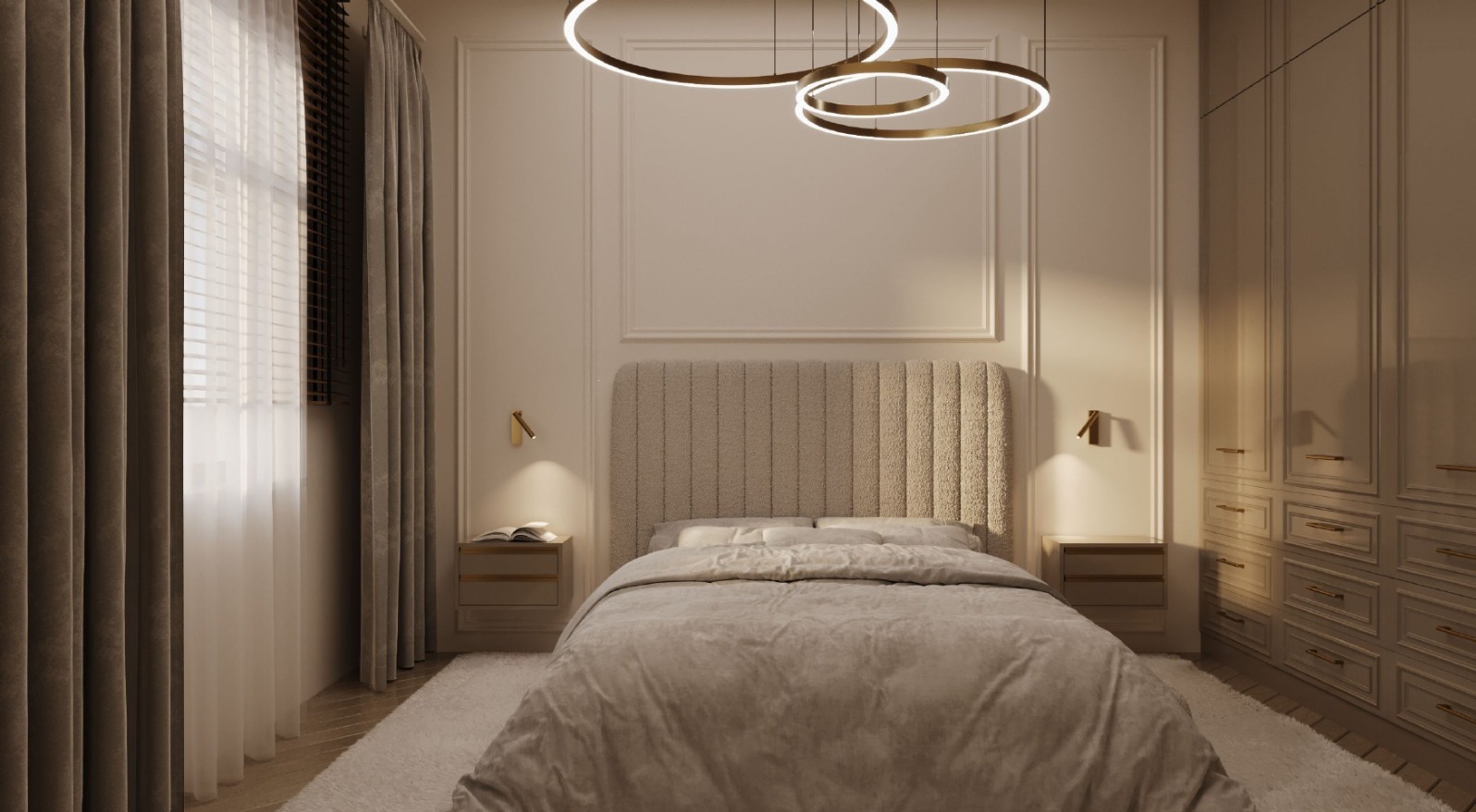 Elegancka sypialnia w beżach: łóżko z tapicerowanym wezgłowiem, szafa w zabudowie, okrągłe lampy sufitowe i zasłony. Subtelne oświetlenie i minimalistyczny design.