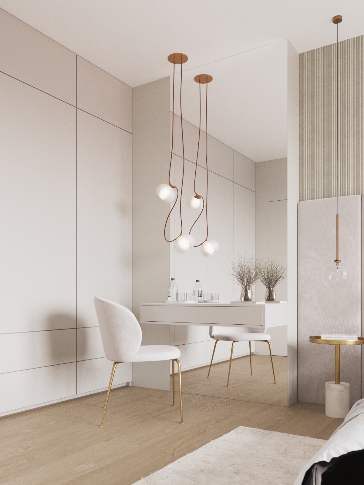 Minimalistyczna sypialnia z toaletką, białymi meblami i złotymi akcentami. Wiszące lampy z kulistymi kloszami dodają elegancji. Widok w lustrze powiela przestrzeń.