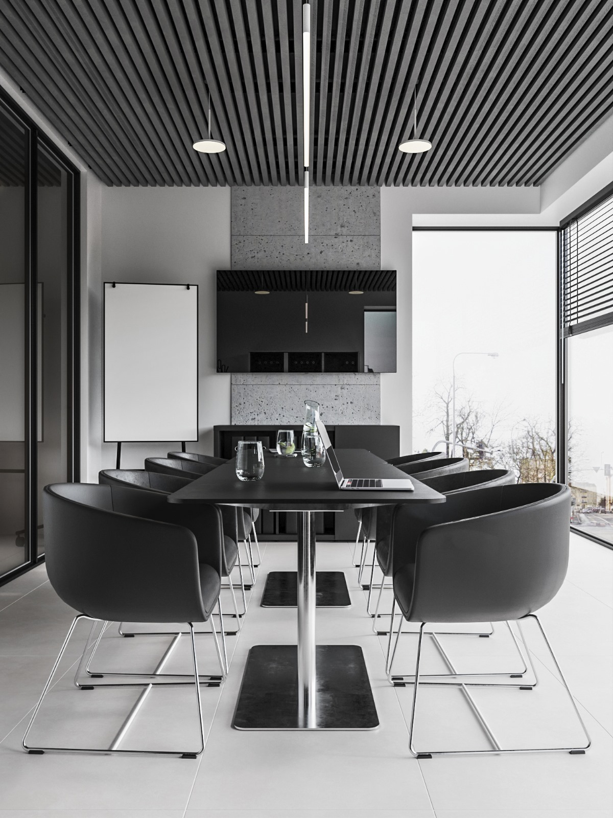 Nowoczesna sala konferencyjna z czarnym stołem, krzesłami i tablicą. Minimalistyczny design z betonowym akcentem i dużym oknem z widokiem na miasto.