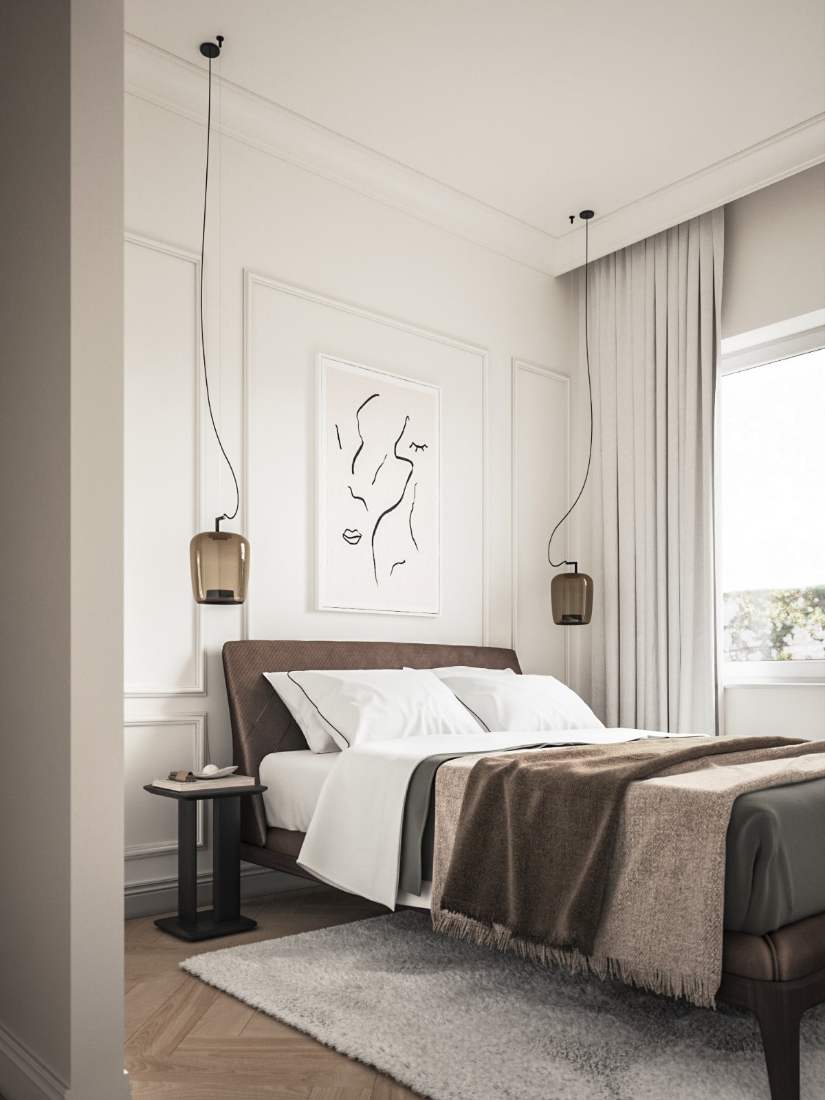 Nowoczesna sypialnia z brązowym łóżkiem, minimalistycznym obrazem i lampami wiszącymi. Jasne wnętrze z dywanem i stolikiem nocnym. Stonowana kolorystyka.