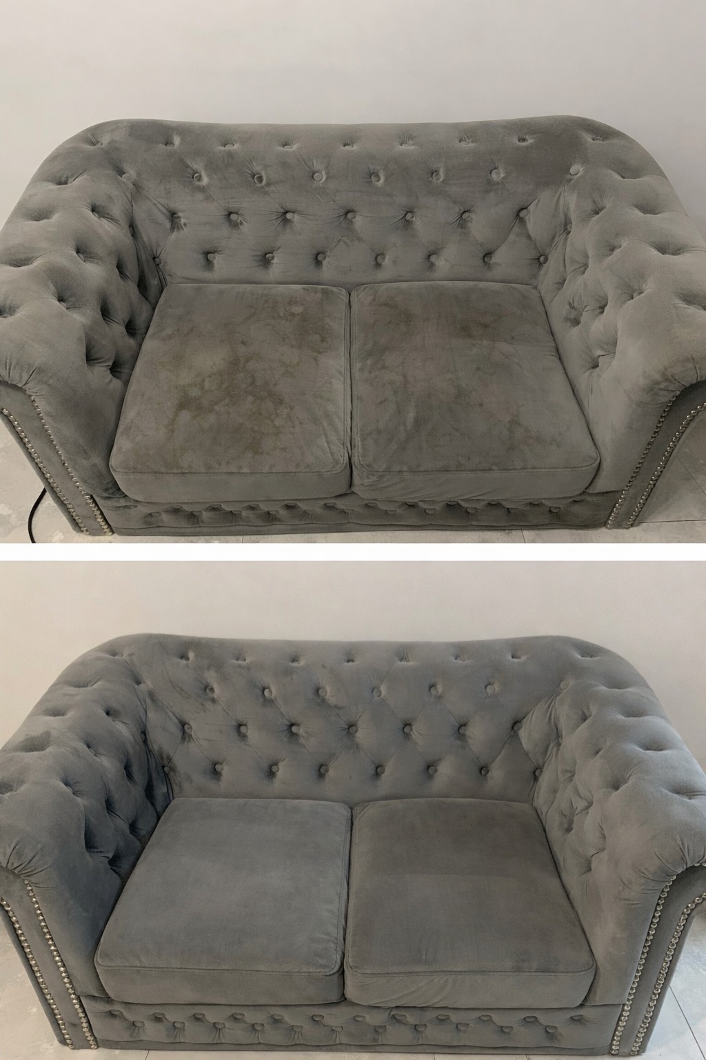 Zdjęcie przedstawia sofę w stylu chesterfield przed i po czyszczeniu. Widoczne różnice w odcieniu i czystości tapicerki na siedzisku.