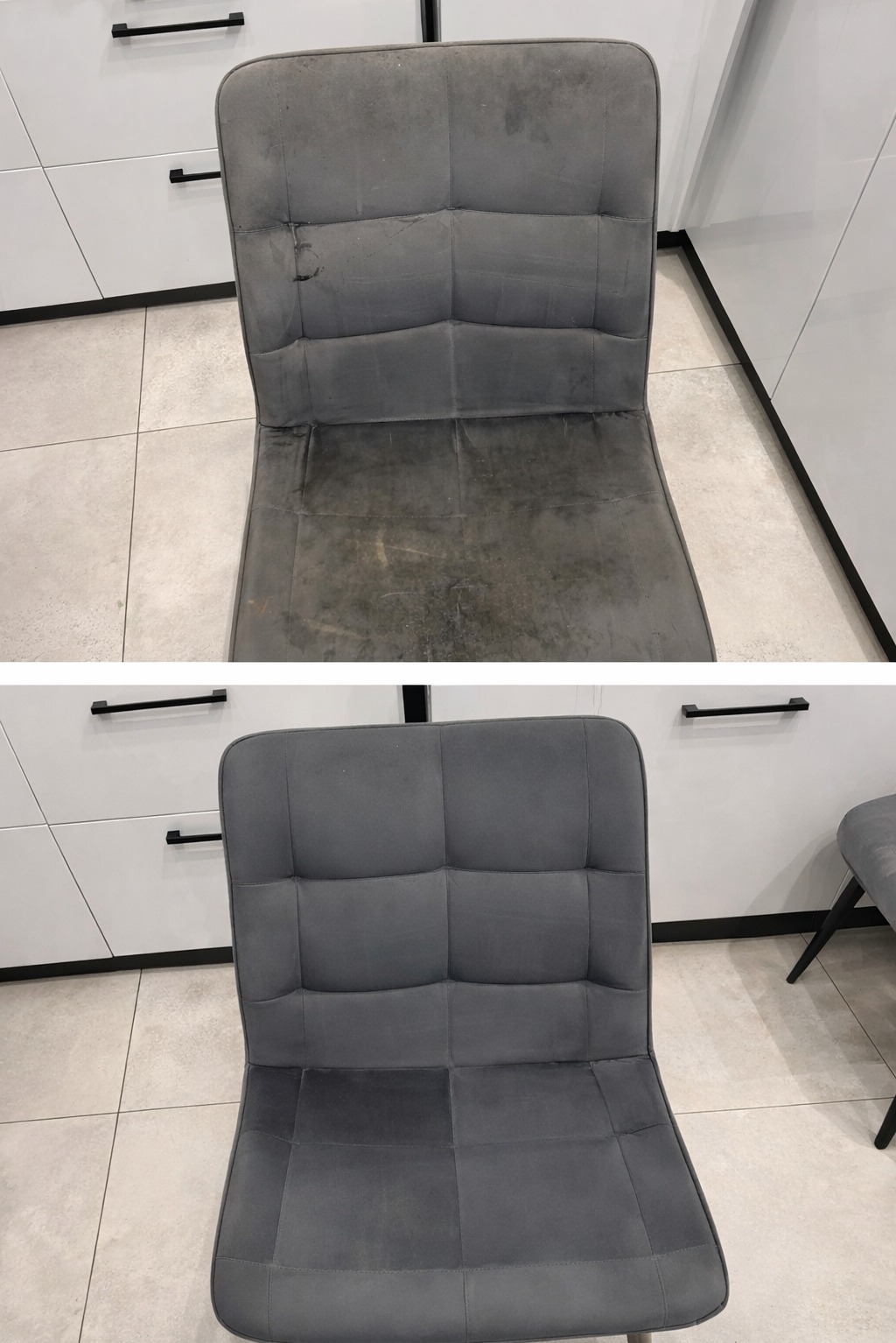 Krzesło tapicerowane przed i po czyszczeniu, widoczne plamy i zabrudzenia na górnym zdjęciu, a czyste i odświeżone na dolnym, na tle białych szafek.