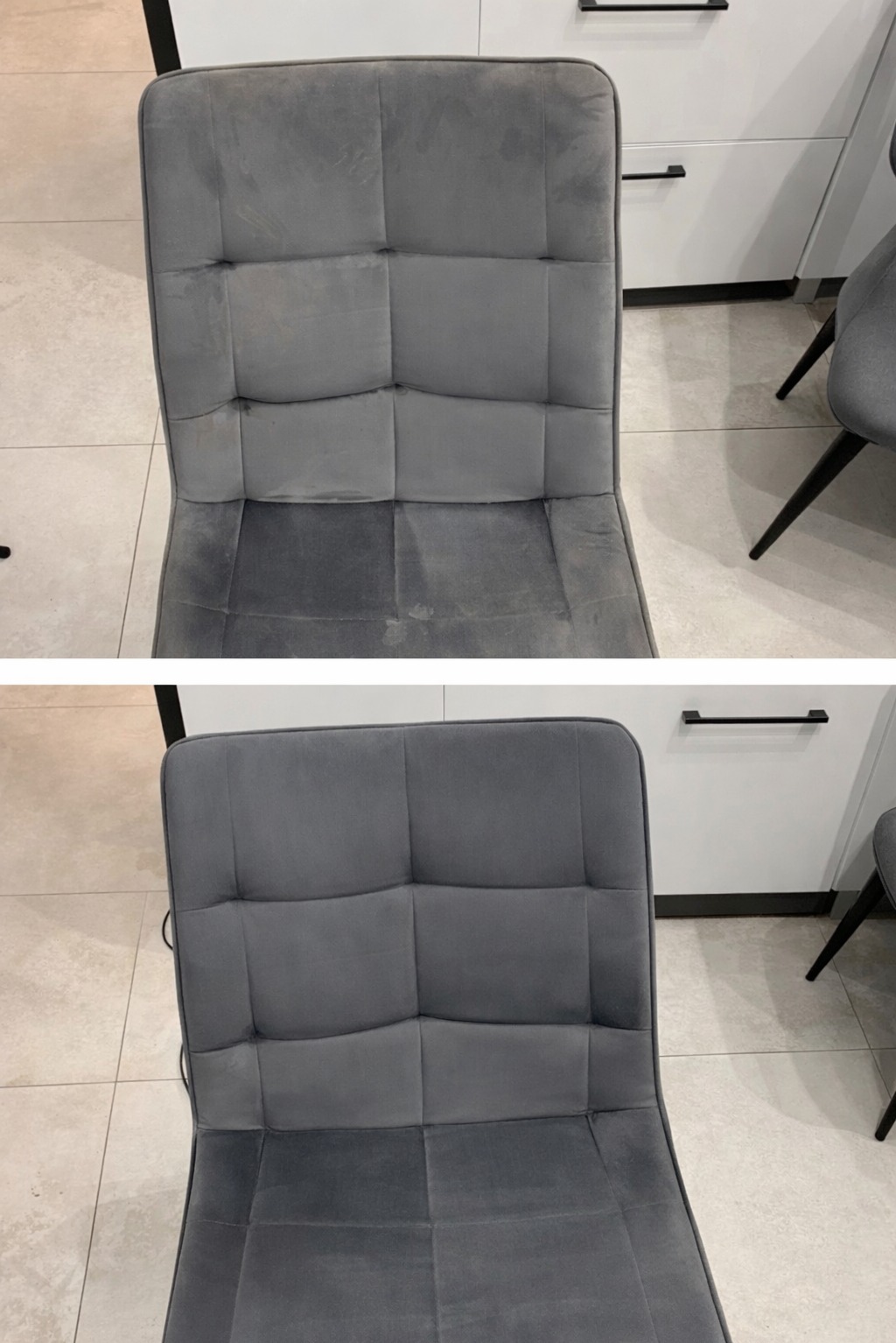 Krzesło tapicerowane w odcieniach szarości, podzielone na dwie części: górna z widocznymi plamami, dolna po czyszczeniu, ukazująca efekt prania tapicerki.