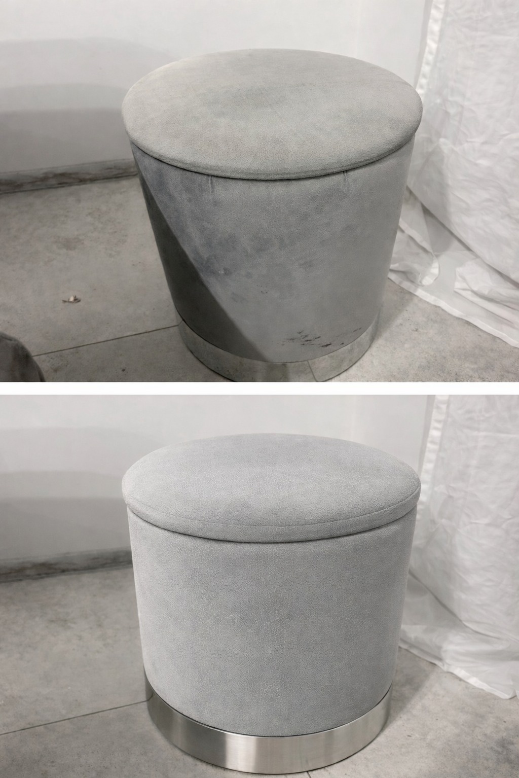 Tapicerowany, szary taboret z metalową podstawą: u góry widoczne zabrudzenia, dół czysty, prezentujący efekt czyszczenia tapicerki.