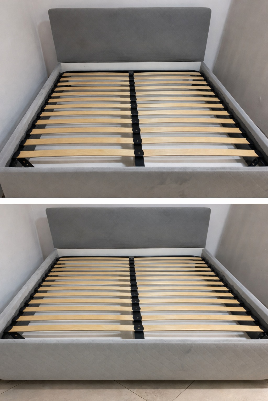Szare łóżko tapicerowane z drewnianym stelażem, widok z góry. Minimalistyczny design, jasne tło. Prezentacja konstrukcji łóżka.