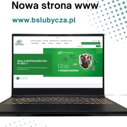 Net Partners sp. z o.o. - Laptop wyświetla nową stronę internetową bslubycza.pl z zielonym motywem bezpieczeństwa bankowego. Widoczny ekran z menu i hasłem 'Dbaj o bezpieczeństwo w sieci'.