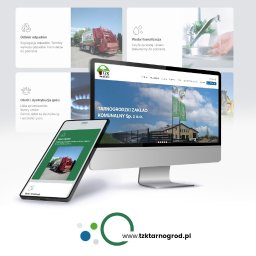 Net Partners sp. z o.o. - Prezentacja responsywnej strony internetowej TZK Tarnogród na monitorze i tablecie, z widocznymi sekcjami: odbiór odpadów, woda i kanalizacja, obrót gazu.