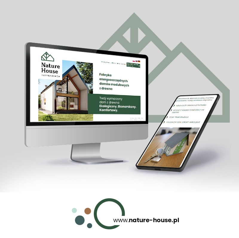 Responsywna strona www na monitorze i smartfonie prezentuje domy modułowe Nature House. Nowoczesny design, intuicyjna struktura, optymalizacja SEO.