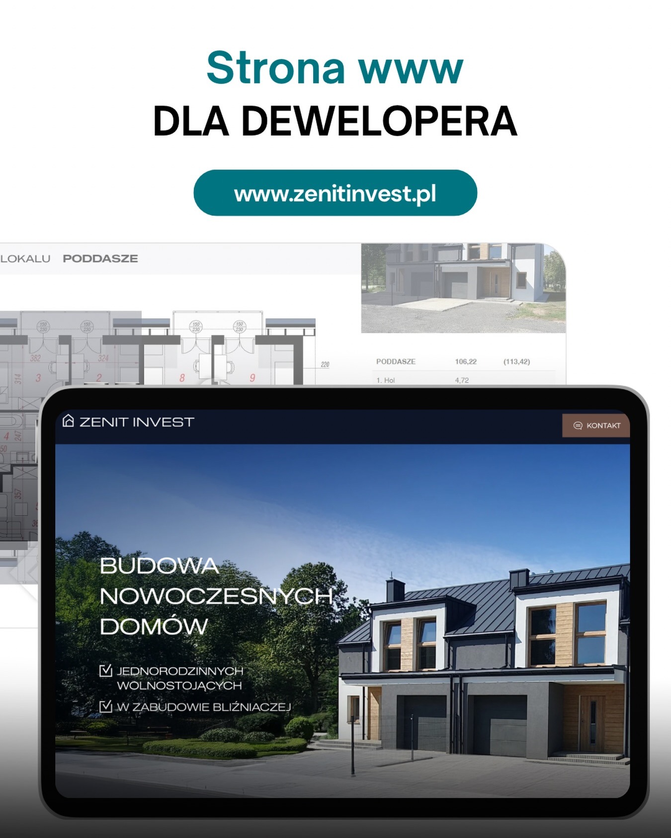 Tablet prezentuje stronę www dewelopera Zenit Invest z nowoczesnymi domami. W tle widoczne plany lokali i wizualizacja budynku. Strona gotowa na jawność cen.