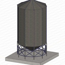 Mykola Roshakovskyi - Wizualizacja 3D stalowego silosu na betonowej podstawie, z widoczną konstrukcją wsporczą i siatką pomocniczą w tle, prezentująca projekt inżynieryjny.