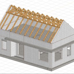 Mykola Roshakovskyi - Wizualizacja 3D domu w trakcie budowy: surowe ściany z otworami okiennymi i drewniana konstrukcja dachu na tle siatki. Widok z góry.