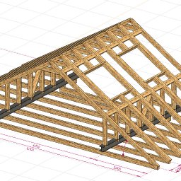 Mykola Roshakovskyi - Schemat 3D drewnianej konstrukcji dachu z elementami stalowymi, z naniesionymi wymiarami na białym tle z siatką. Widok z góry, perspektywa izometryczna.