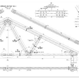 Mykola Roshakovskyi - Techniczny rysunek dźwigara kratowego DZ-1 w skali 1:25, z detalami połączeń śrubowych i wymiarami elementów konstrukcyjnych. Schemat zawiera przekroje i opisy.