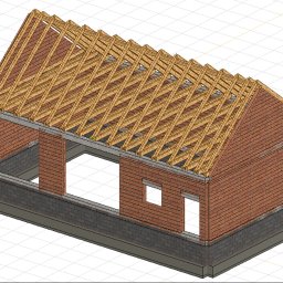 Mykola Roshakovskyi - Projekt domu w trakcie budowy: mury z cegły, drewniana konstrukcja dachu, widoczne otwory okienne i drzwiowe. Wizualizacja 3D z perspektywy.