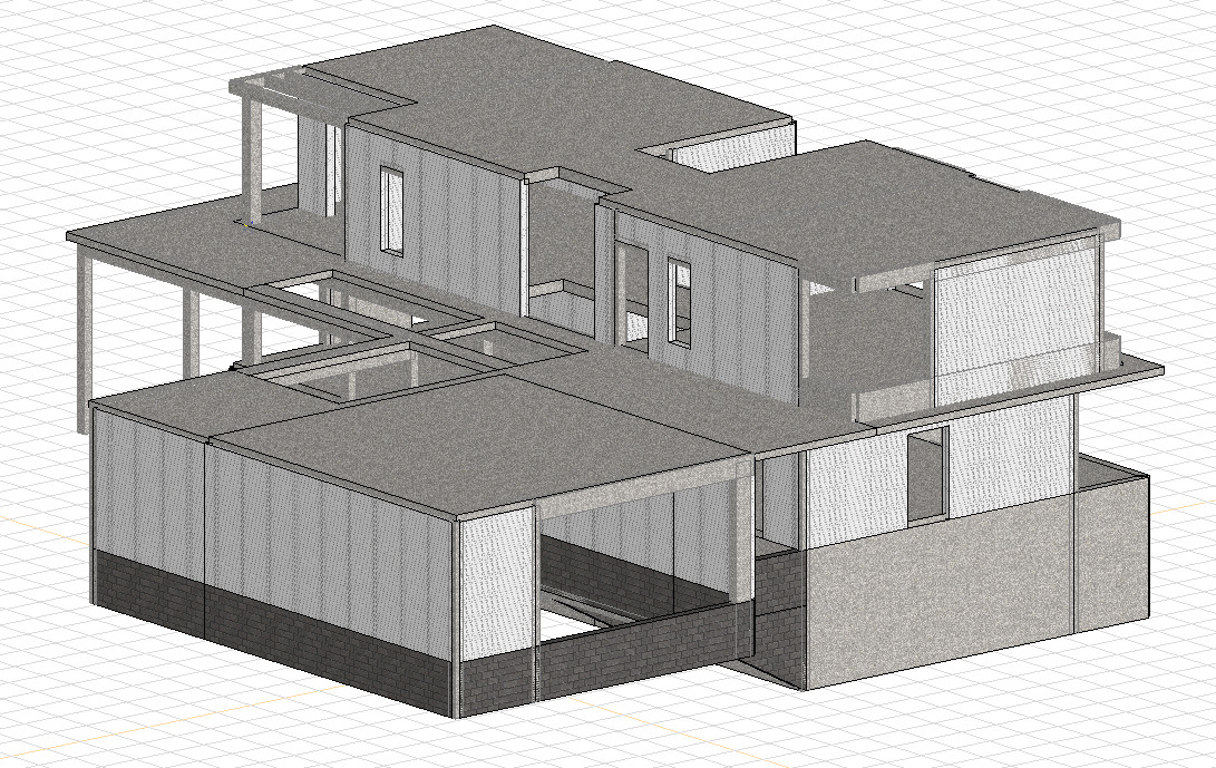 Szkic 3D dwukondygnacyjnego domu z płaskim dachem, ukazujący strukturę ścian, okien i zadaszonego tarasu, prezentowany na siatce w szaro-białej tonacji.
