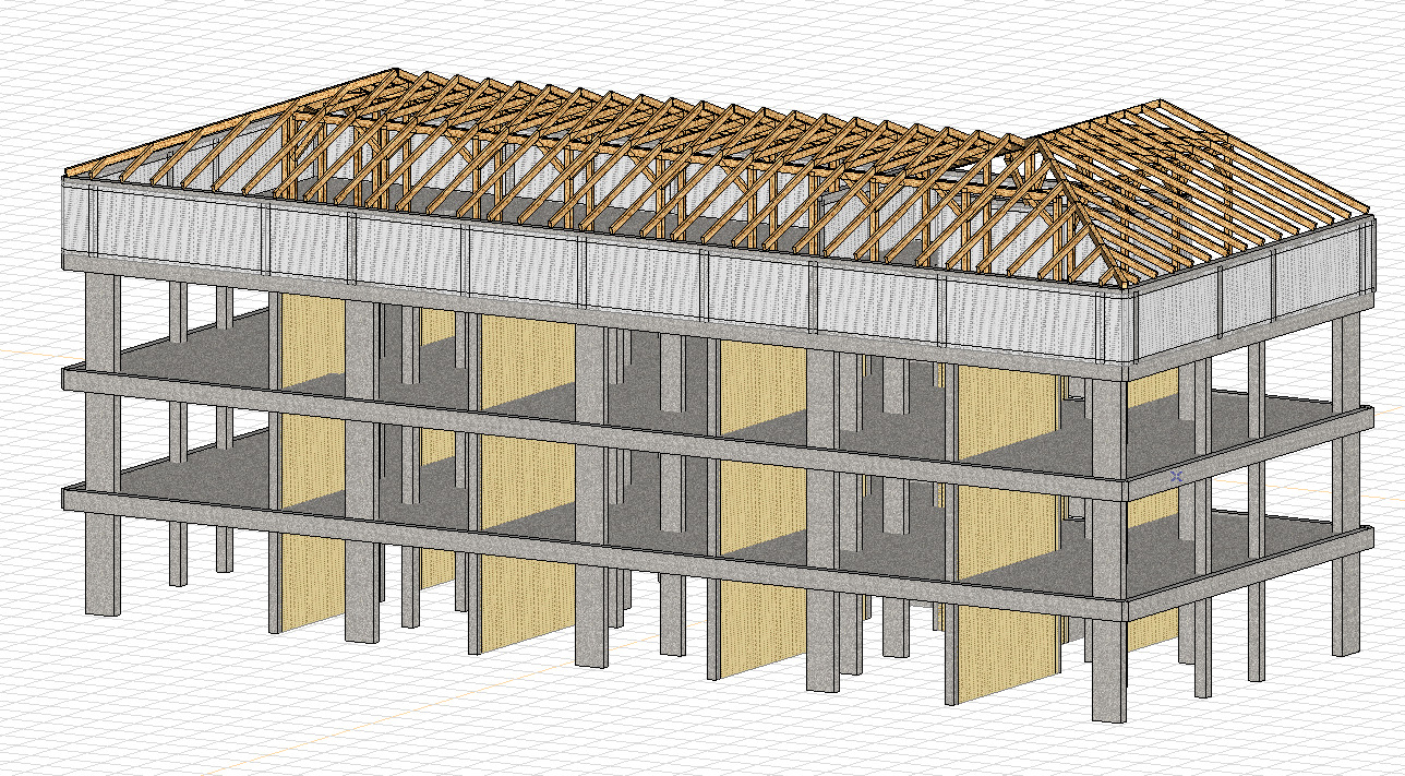 Wizualizacja 3D budynku w stanie surowym otwartym z drewnianą konstrukcją dachu, prezentująca szkielet konstrukcyjny i układ przestrzenny obiektu na siatce.