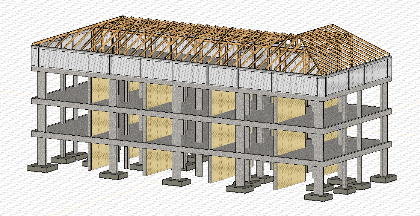 Wizualizacja 3D szkieletu budynku z betonu i drewna, ukazująca konstrukcję nośną i zarys dachu na siatkowym tle. Widok z perspektywy.