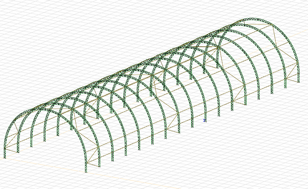 Wizualizacja 3D szkieletu hali z zielonych, metalowych elementów na białym tle z siatką. Widok z góry ukazuje powtarzalne łuki konstrukcji.