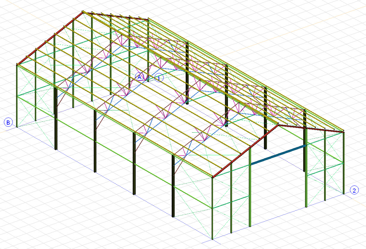 Schemat 3D hali stalowej z widocznymi elementami konstrukcyjnymi: słupy, dźwigary, kratownice. Model w jasnej kolorystyce na siatce, prezentujący projekt inżynierski.