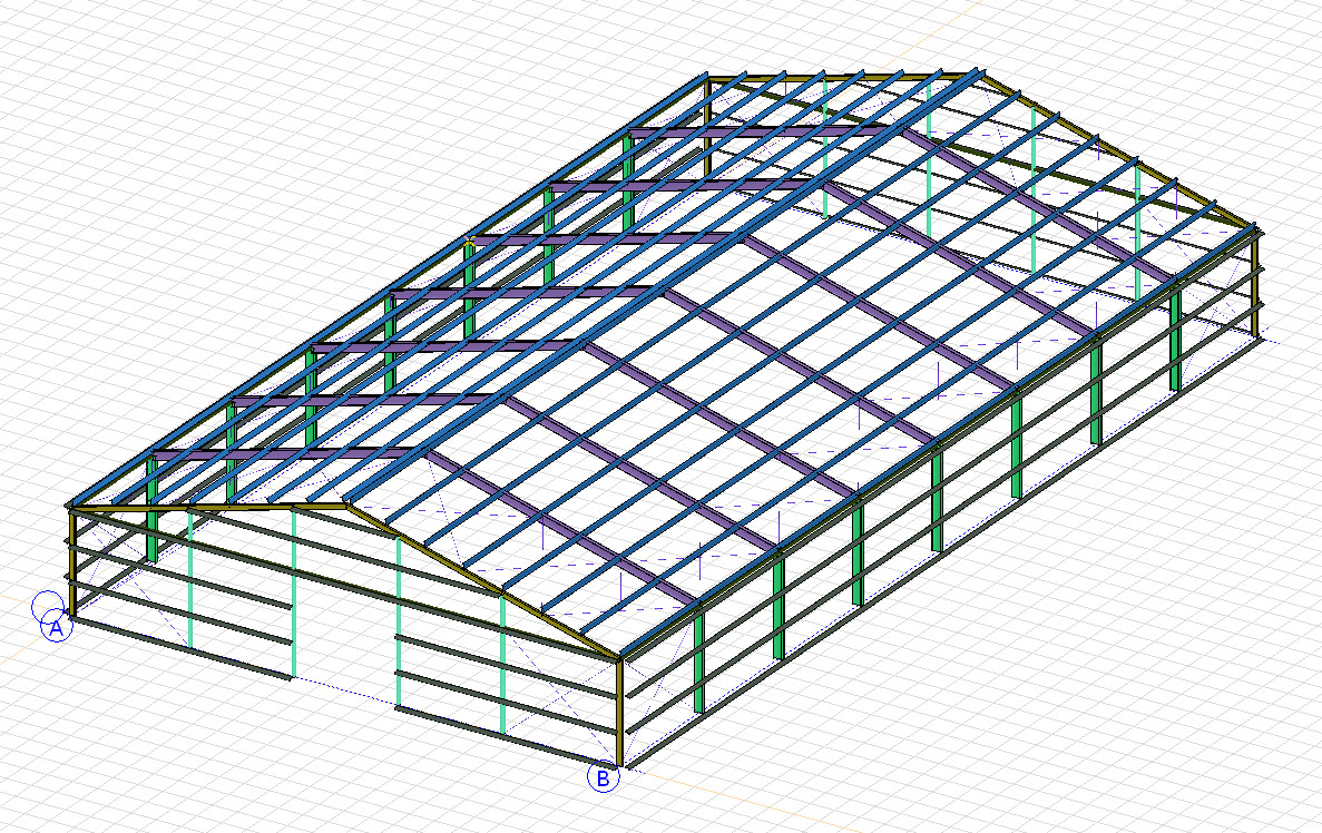 Model 3D hali stalowej z zielonymi słupami, niebieskimi belkami i fioletowymi elementami dachu na białym tle z siatką. Widok z góry, perspektywa izometryczna.