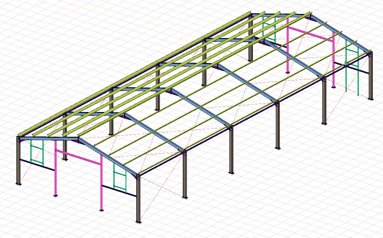 Schemat 3D hali stalowej z zielonymi belkami dachowymi, niebieskimi wiązaniami i różowymi słupami, na białym tle z siatką. Widok z góry, perspektywa izometryczna.
