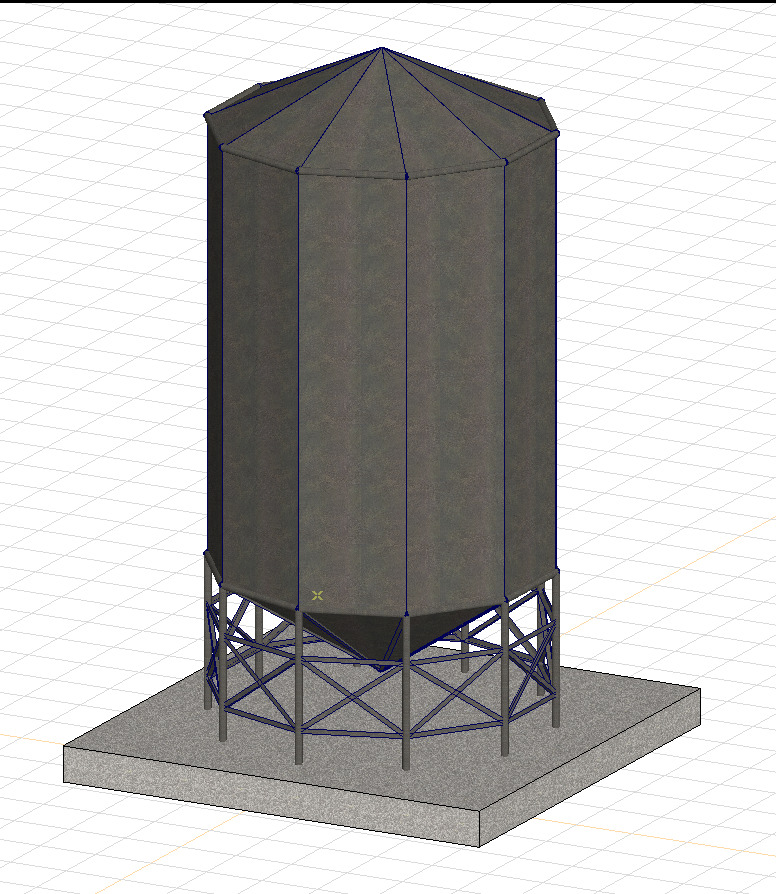 Wizualizacja 3D stalowego silosu na betonowej podstawie, z widoczną konstrukcją wsporczą i siatką pomocniczą w tle, prezentująca projekt inżynieryjny.