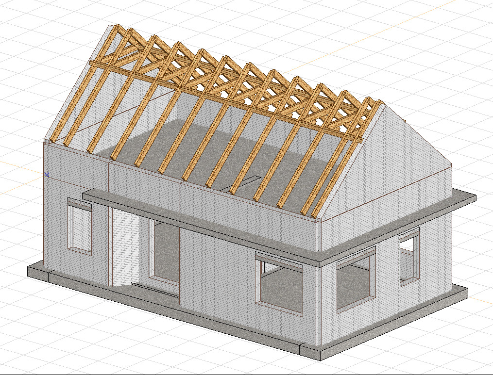 Wizualizacja 3D domu w trakcie budowy: surowe ściany z otworami okiennymi i drewniana konstrukcja dachu na tle siatki. Widok z góry.