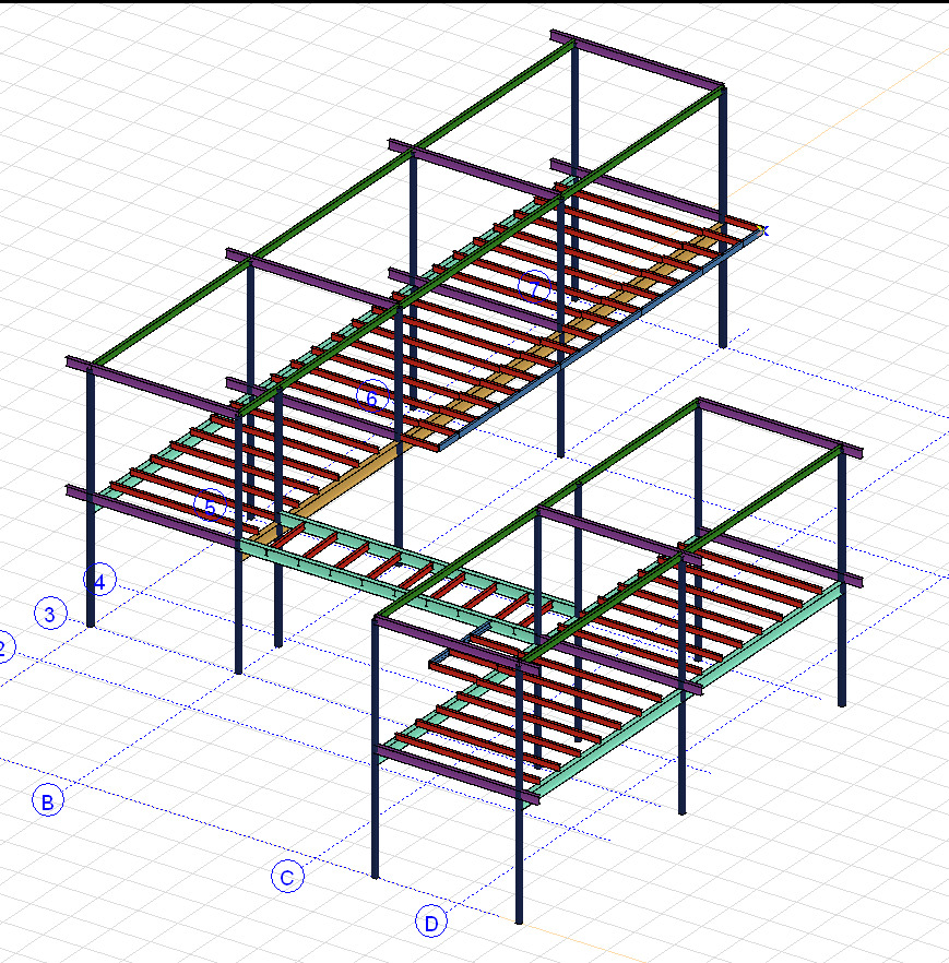 Schemat 3D konstrukcji stalowej budynku z numeracją elementów, ukazujący szkielet nośny z belek i słupów na tle siatki, prezentujący projekt inżynieryjny.
