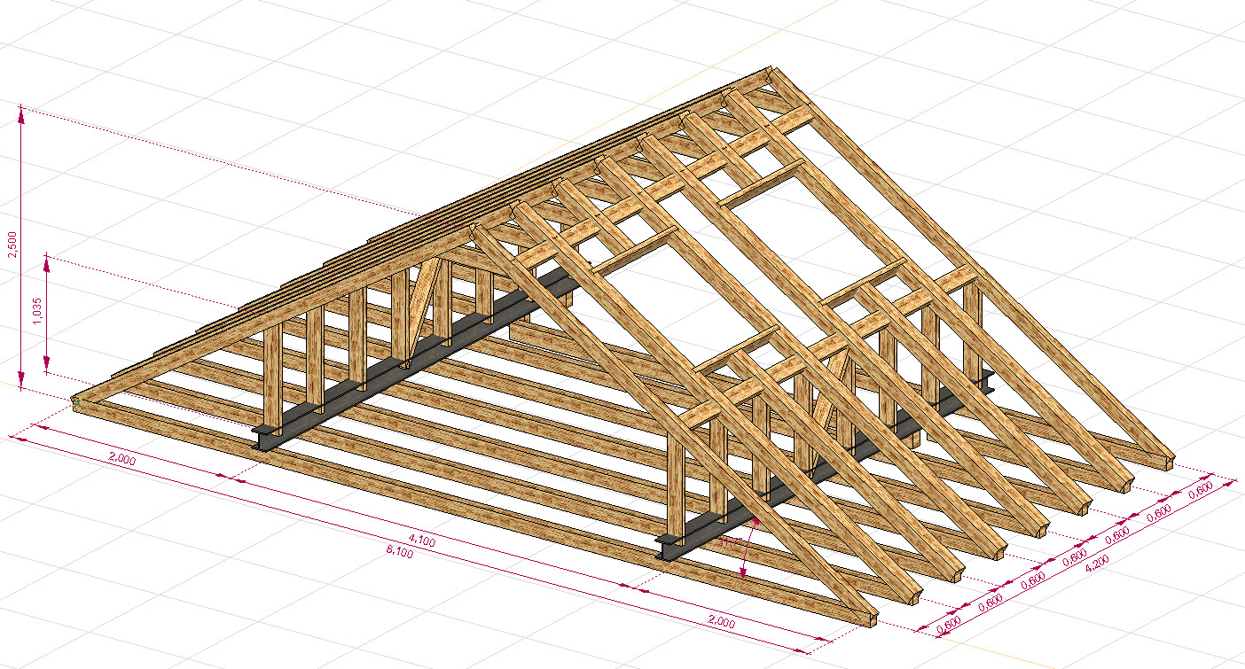 Schemat 3D drewnianej konstrukcji dachu z elementami stalowymi, z naniesionymi wymiarami na białym tle z siatką. Widok z góry, perspektywa izometryczna.