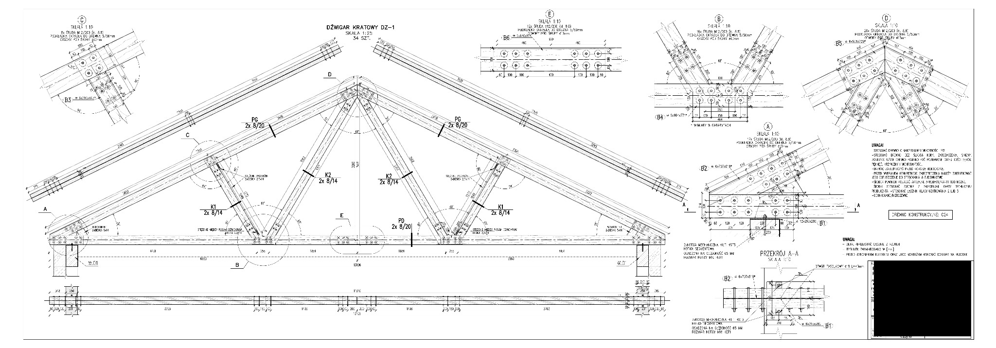 Techniczny rysunek dźwigara kratowego DZ-1 w skali 1:25, z detalami połączeń śrubowych i wymiarami elementów konstrukcyjnych. Schemat zawiera przekroje i opisy.