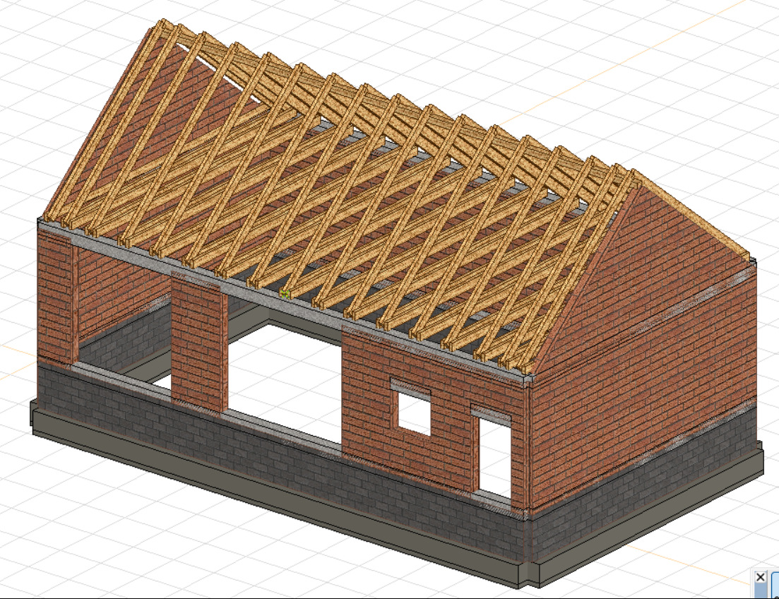 Projekt domu w trakcie budowy: mury z cegły, drewniana konstrukcja dachu, widoczne otwory okienne i drzwiowe. Wizualizacja 3D z perspektywy.