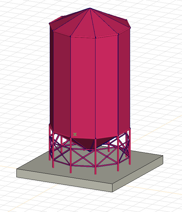 Model 3D zbiornika przemysłowego w odcieniach różu, z widoczną konstrukcją wsporczą i podstawą. Siatka w tle sugeruje środowisko projektowe CAD.