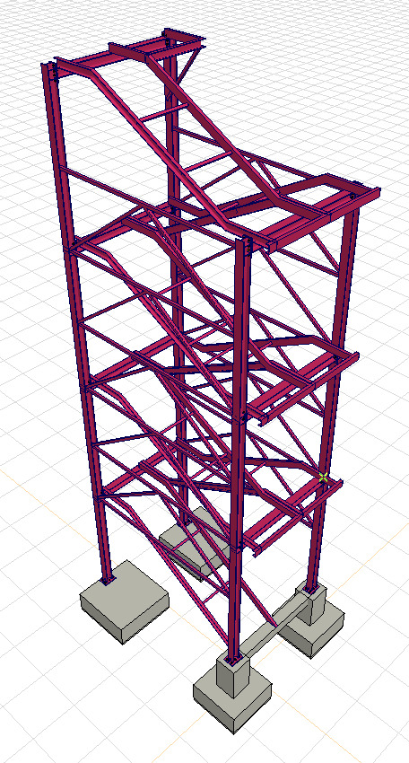 Model 3D konstrukcji stalowej budynku z widocznymi fundamentami i szkieletem, prezentowany w perspektywie z góry, na tle siatki.