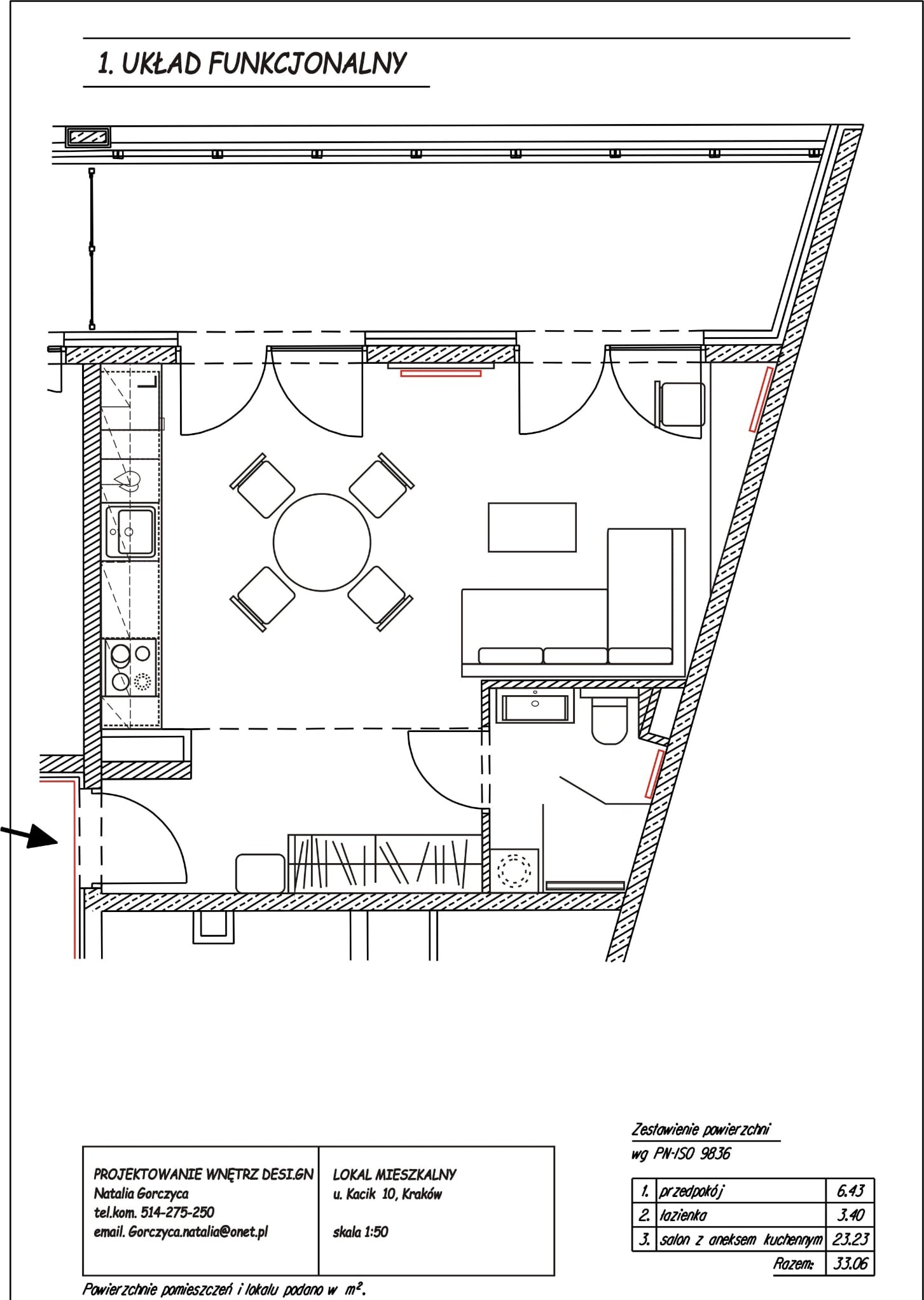 Schemat funkcjonalny mieszkania z salonem, aneksem kuchennym, łazienką i przedpokojem. Rzut z góry, skala 1:50, z zestawieniem powierzchni wg PN-ISO 9836.