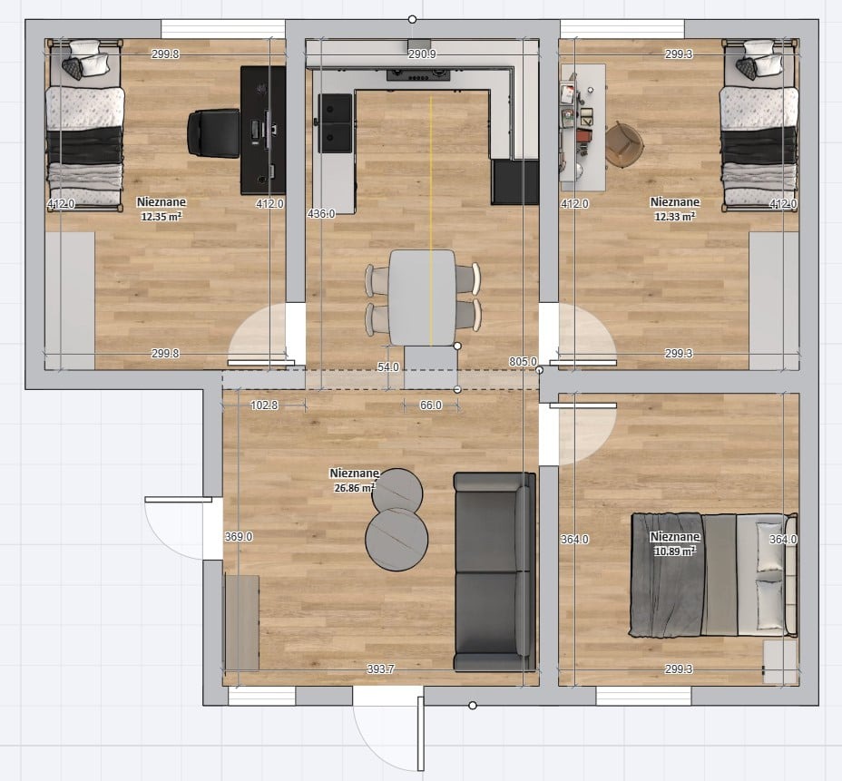 Plan mieszkania z góry: dwie sypialnie, salon z sofą, jadalnia z stołem i krzesłami, kuchnia w kształcie litery U. Widoczne wymiary i powierzchnie pomieszczeń.