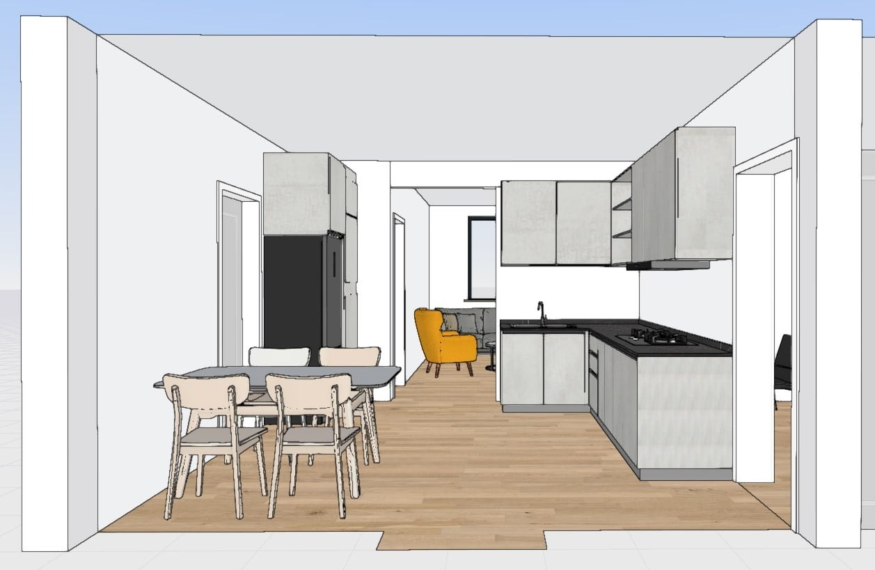 Szkic wnętrza mieszkania: kuchnia z jadalnią i salonem. Widoczne meble kuchenne, stół z krzesłami, żółty fotel i szara sofa. Ujęcie z perspektywy szerokokątnej.