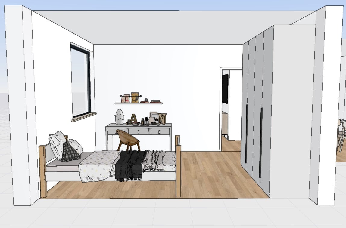 Wizualizacja pokoju młodzieżowego z łóżkiem, biurkiem i szafą w minimalistycznym stylu. Jasne kolory, drewniana podłoga, okno z widokiem na zewnątrz.