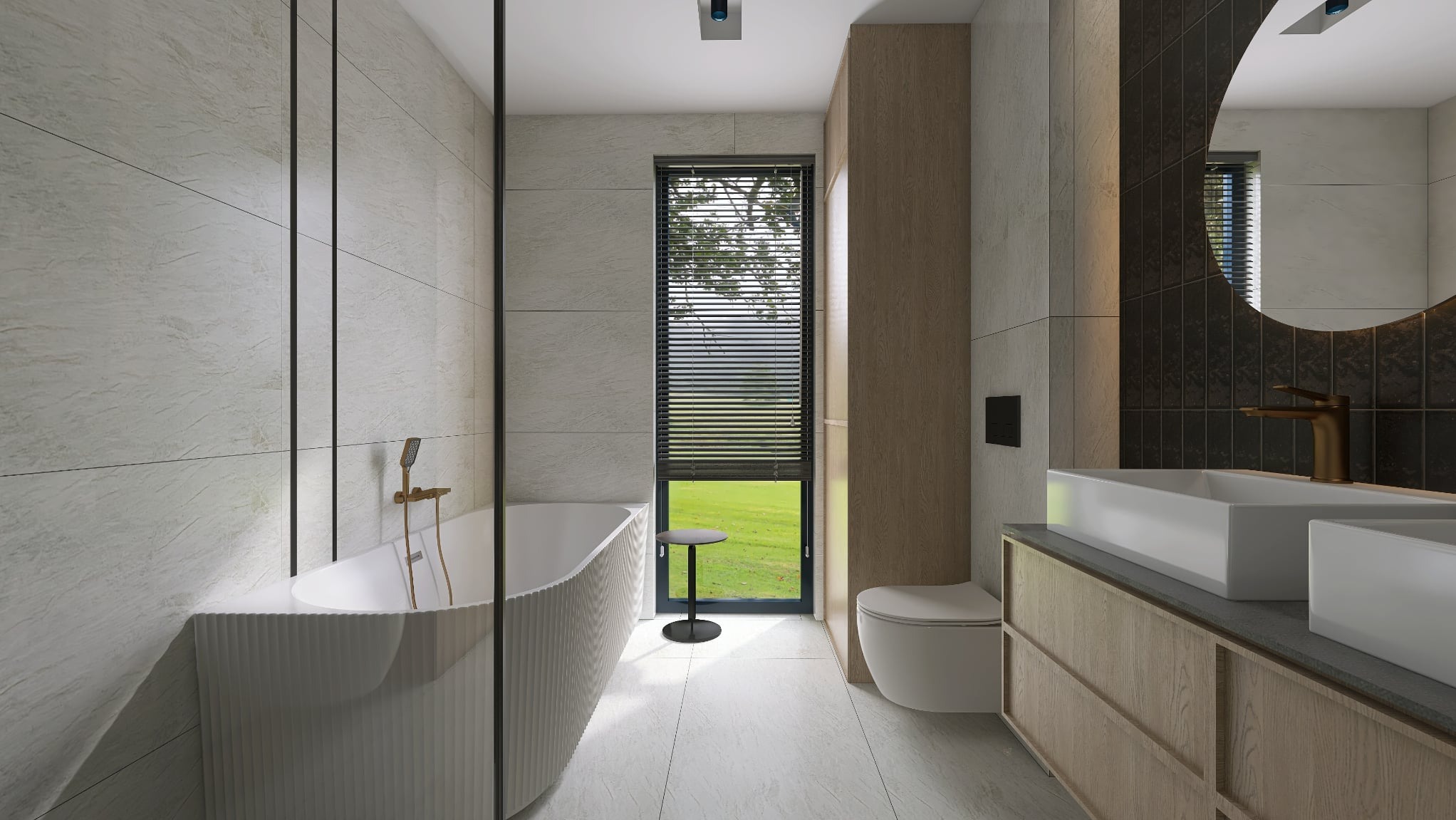 Nowoczesna łazienka z wanną o ryflowanej powierzchni, armaturą w kolorze złota i oknem z widokiem na zieleń. Umywalki nablatowe na drewnianej szafce.