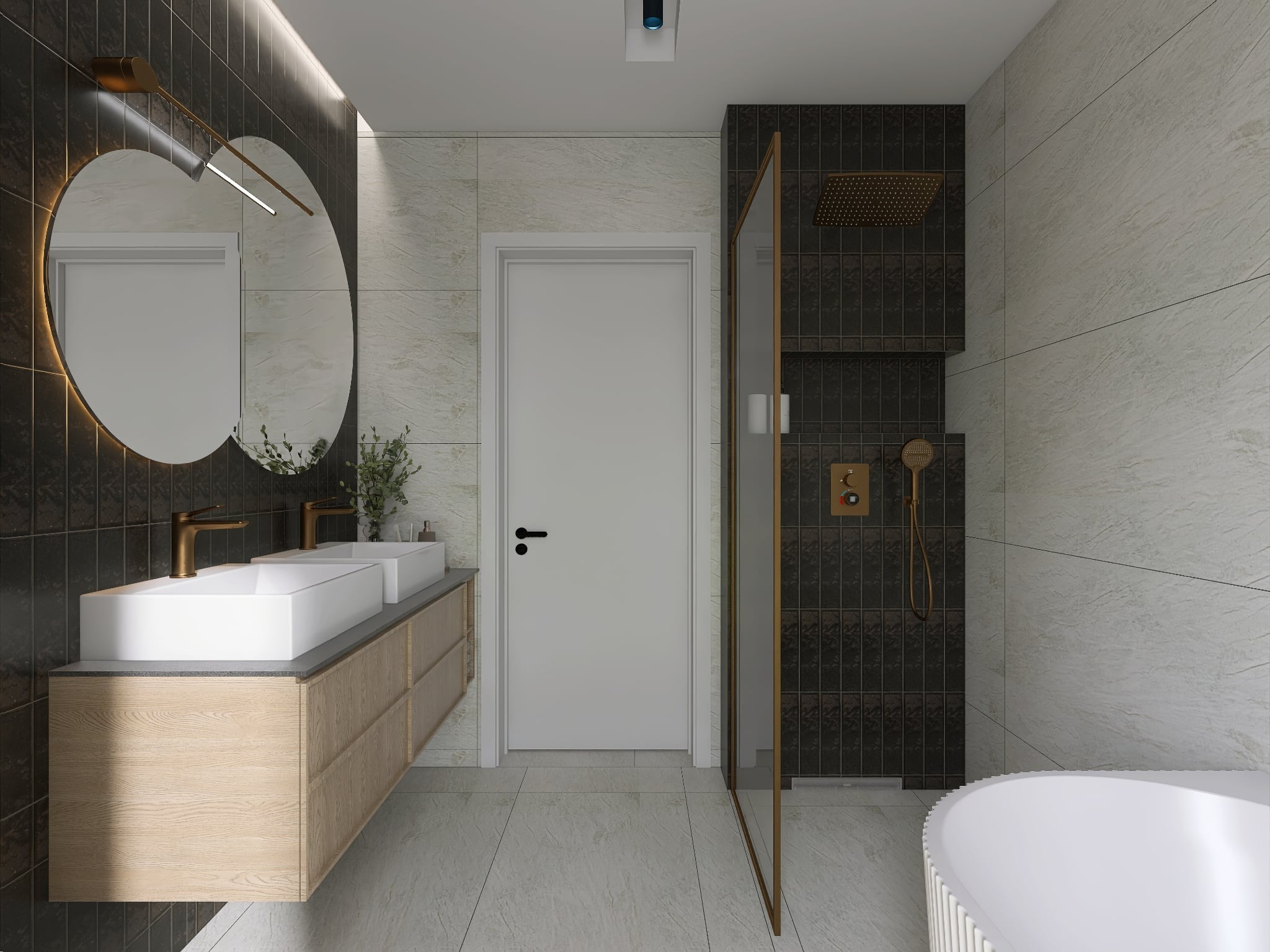 Nowoczesna łazienka w Niepołomicach: podwójna umywalka na drewnianej szafce, okrągłe lustro z podświetleniem, kabina prysznicowa i wanna. Eleganckie wykończenie.