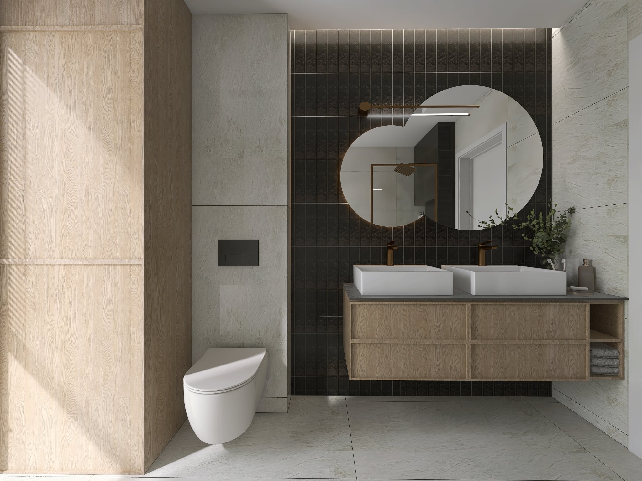 Nowoczesna łazienka z podwójną umywalką, okrągłym lustrem z podświetleniem i drewnianymi szafkami. Minimalistyczny design, czarne płytki i jasne, marmurowe podłogi.