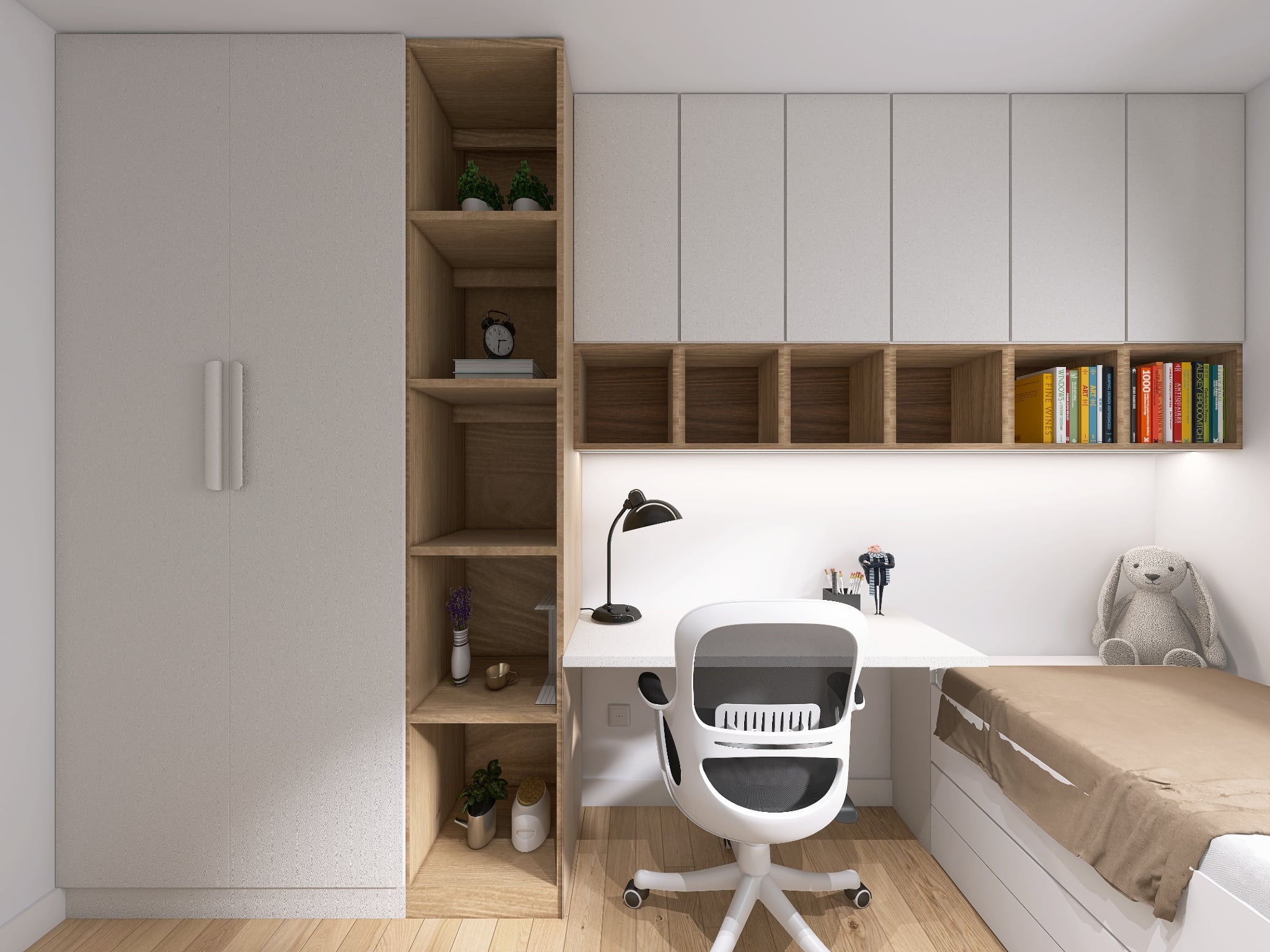 Pokój młodzieżowy z biurkiem, krzesłem i łóżkiem. Zabudowa meblowa z półkami i szafkami w odcieniach bieli i drewna. Na półkach dekoracje i książki. Stonowana kolorystyka.