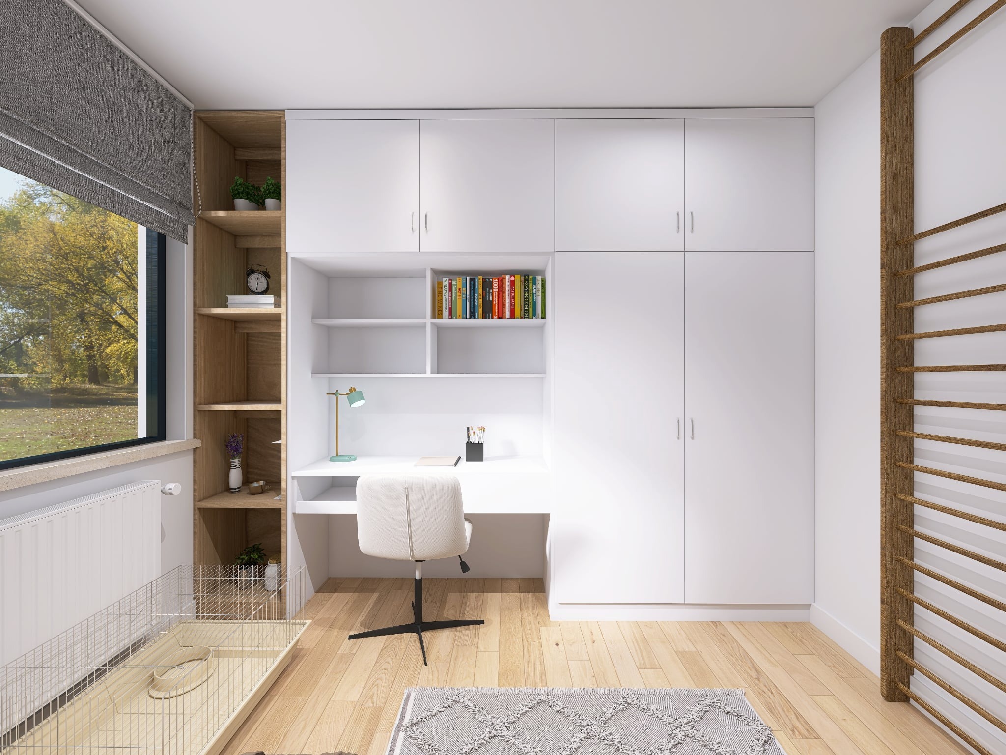 Jasne wnętrze pokoju z biurkiem w zabudowie, regałem i drabinką gimnastyczną. Klatka dla zwierząt pod oknem. Stonowana kolorystyka, drewniane akcenty, dywan w geometryczny wzór.