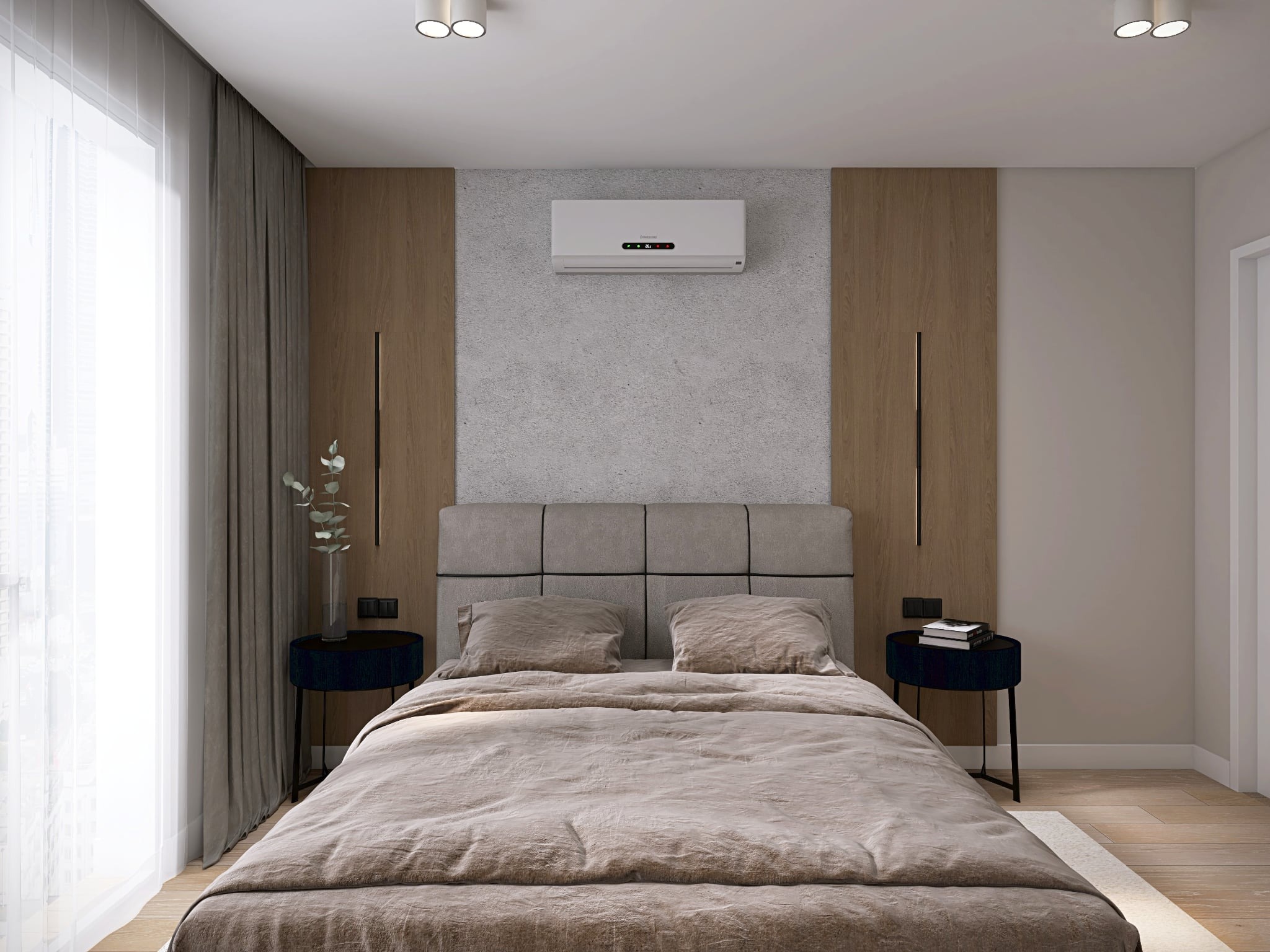 Nowoczesna sypialnia z łóżkiem w odcieniach beżu, drewnianymi panelami ściennymi i klimatyzatorem. Minimalistyczny design z lampkami nocnymi i subtelnymi dekoracjami.