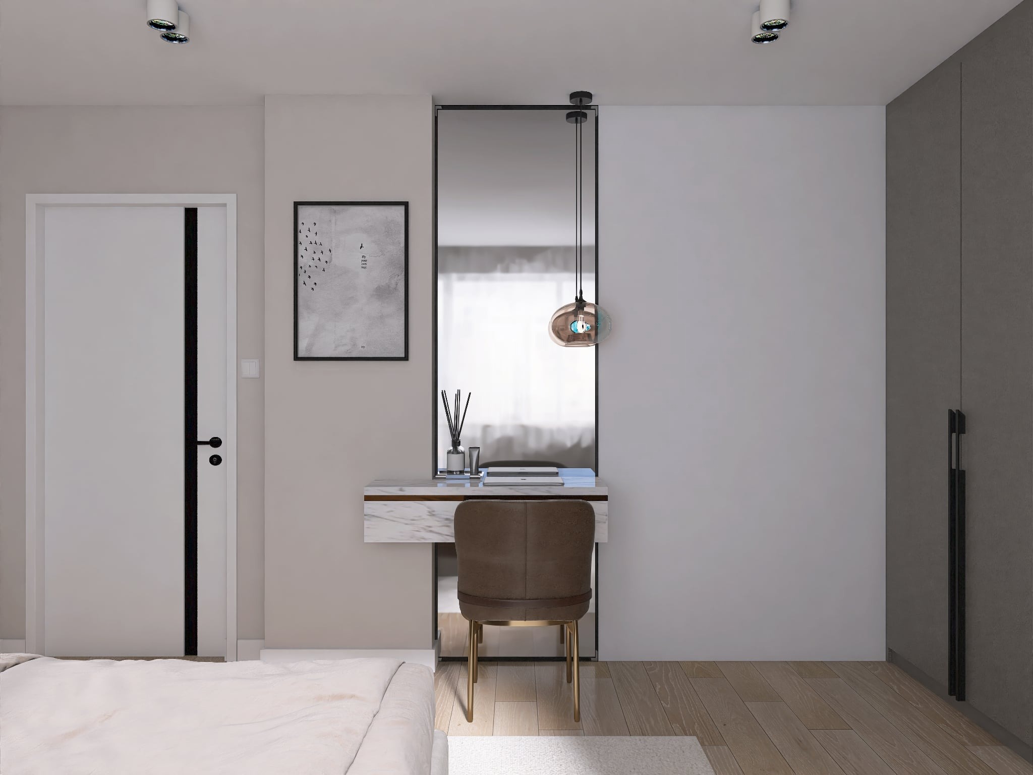 Nowoczesna sypialnia z toaletką z lustrem, krzesłem i minimalistycznym oświetleniem. Jasne kolory, drewniana podłoga i dekoracyjny plakat tworzą spójną całość.