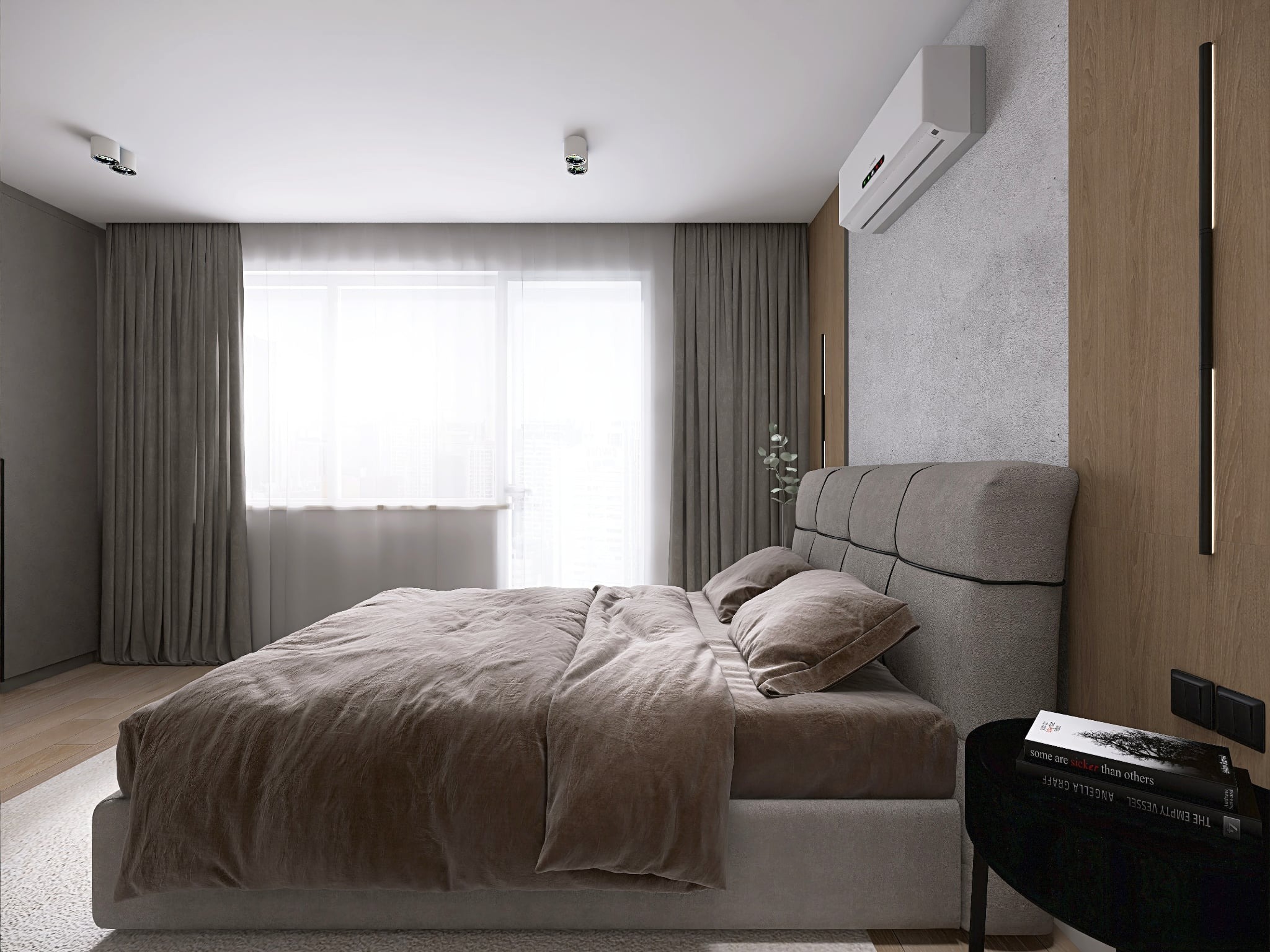 Nowoczesna sypialnia z łóżkiem w odcieniach szarości i beżu, minimalistycznym oświetleniem i klimatyzatorem. Na stoliku nocnym leżą książki.