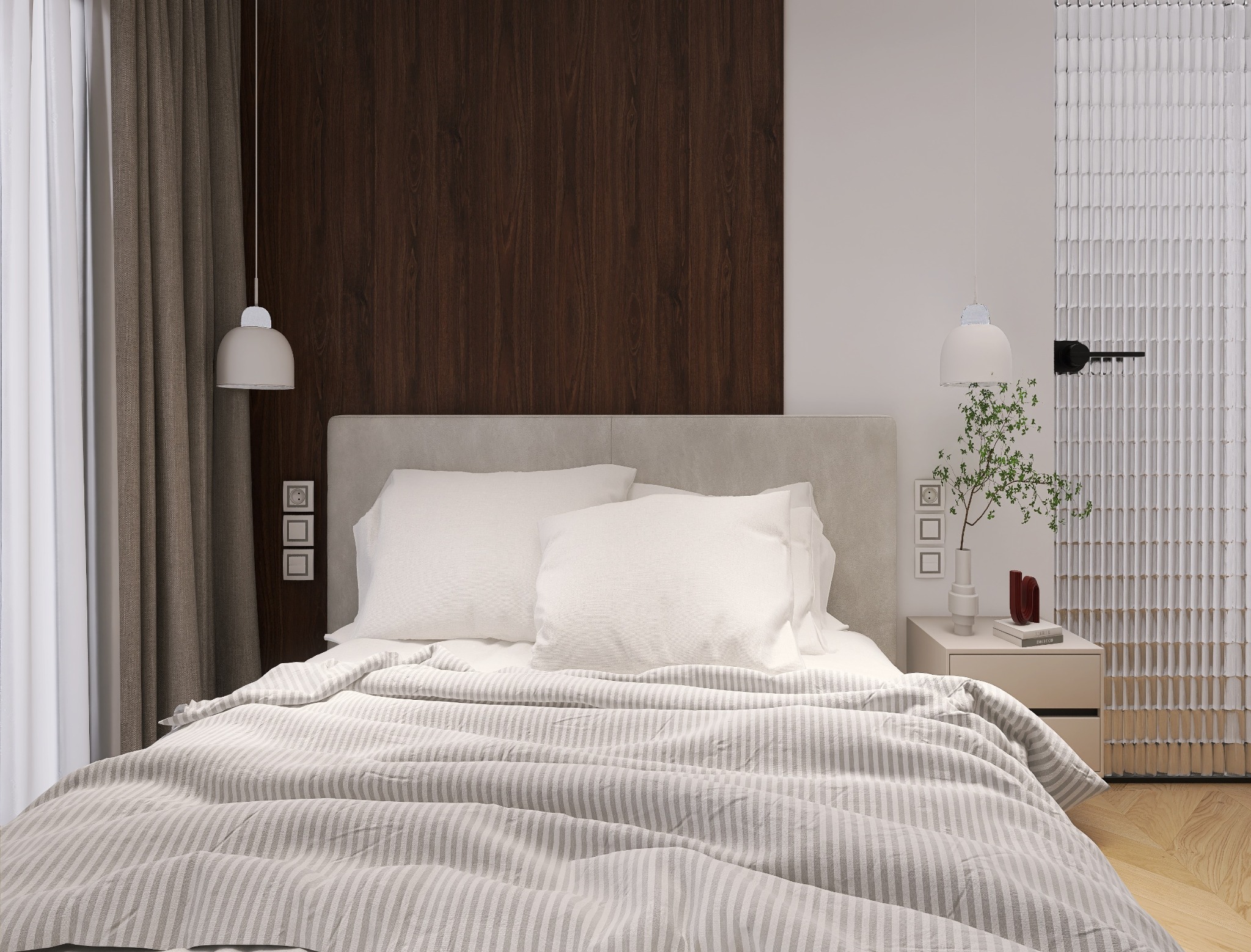 Nowoczesna sypialnia z drewnianą ścianą, beżowym zagłówkiem i lampami wiszącymi. Na stoliku nocnym wazon z zielonymi gałązkami i książki.