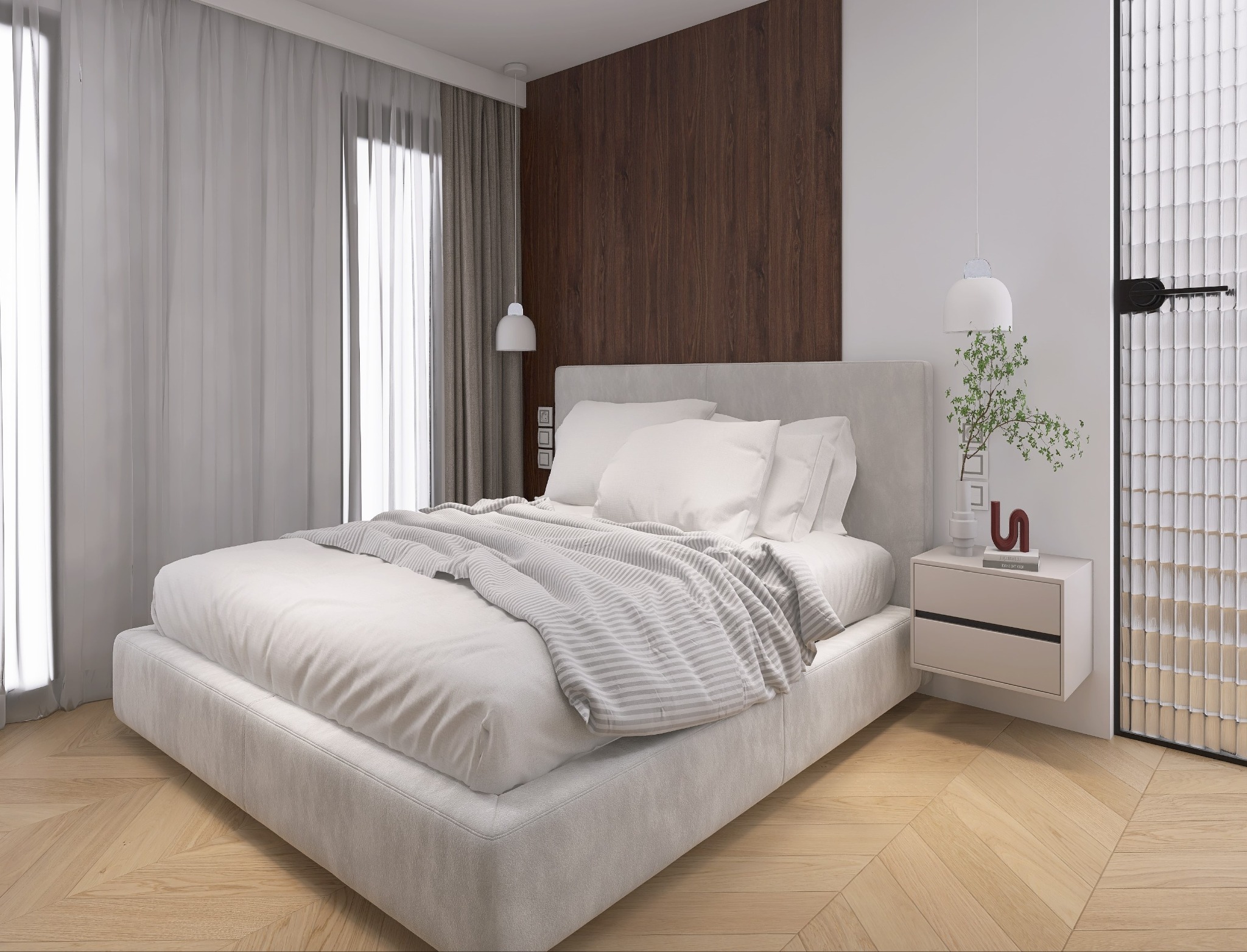 Jasna sypialnia z drewnianą ścianą, parkietem w jodełkę i minimalistyczną lampą wiszącą. Na szafce nocnej dekoracje i gałązka w wazonie.