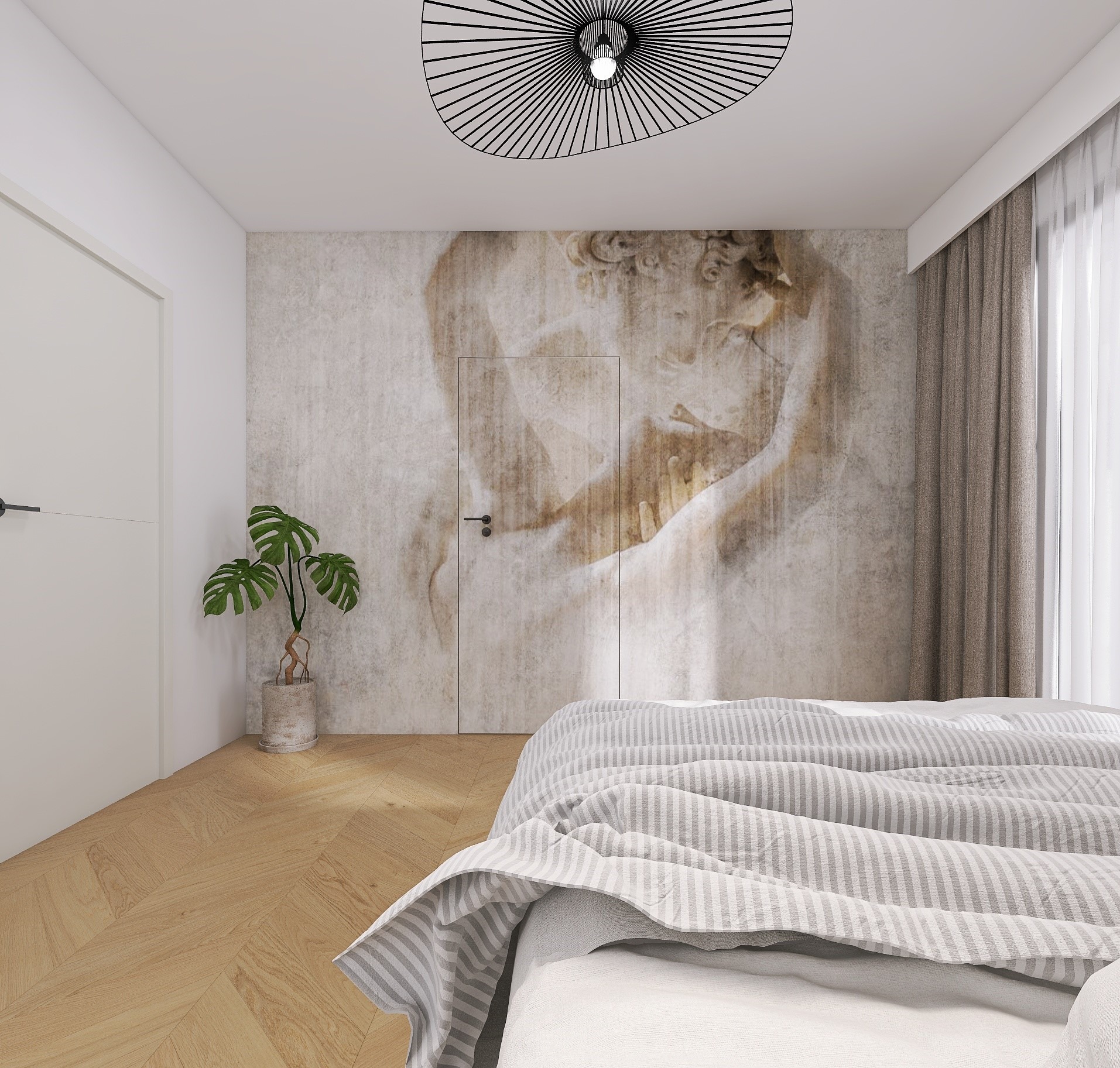 Nowoczesna sypialnia z łóżkiem w paski, drewnianą podłogą i ścianą z motywem rzeźby. Minimalistyczna lampa sufitowa i roślina doniczkowa dodają wnętrzu charakteru.